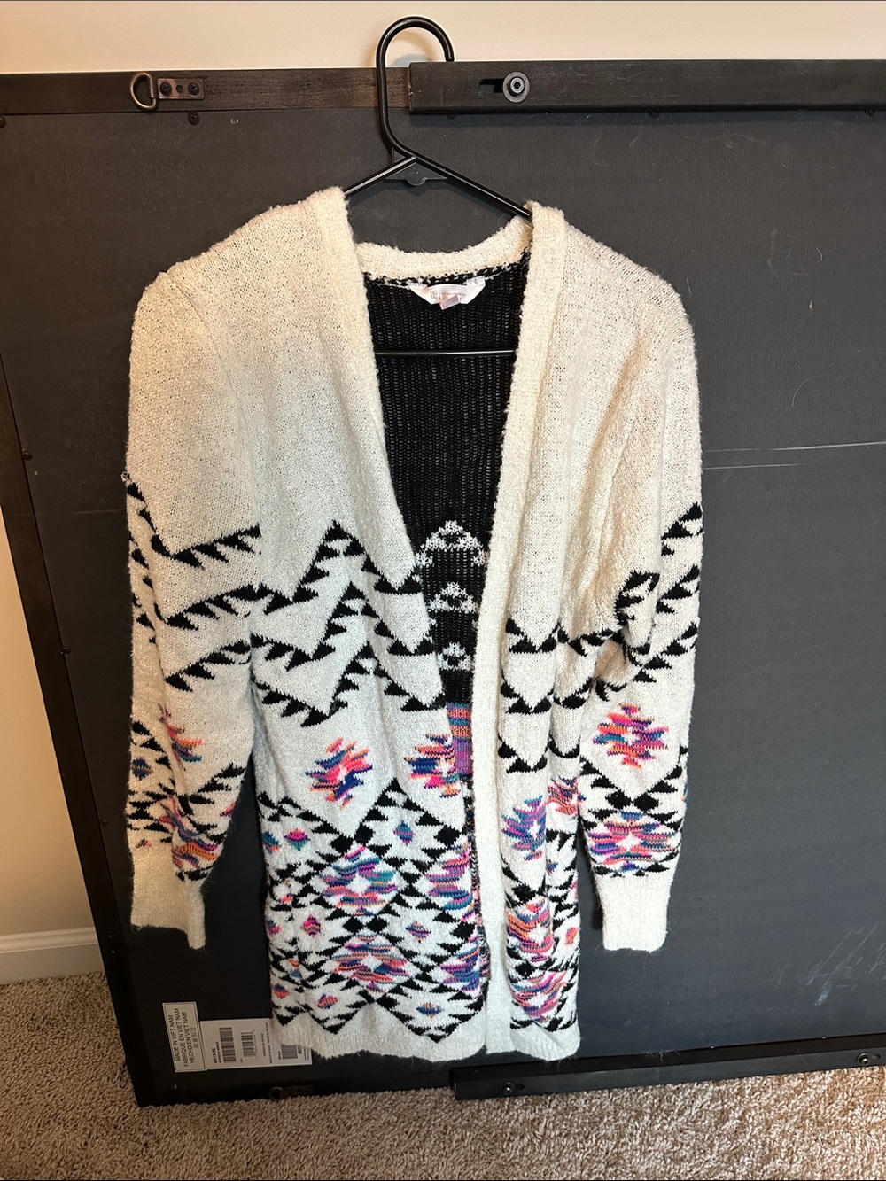 No Boundaries Ivory Aztec Open-Front Cardigan with Black and Multicolor Accents